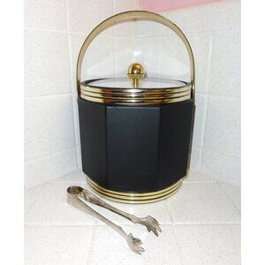 Vintage Preferred Stock Black Octagonal Ice Bucket w/ Gold Trim tongs mcm 1970s